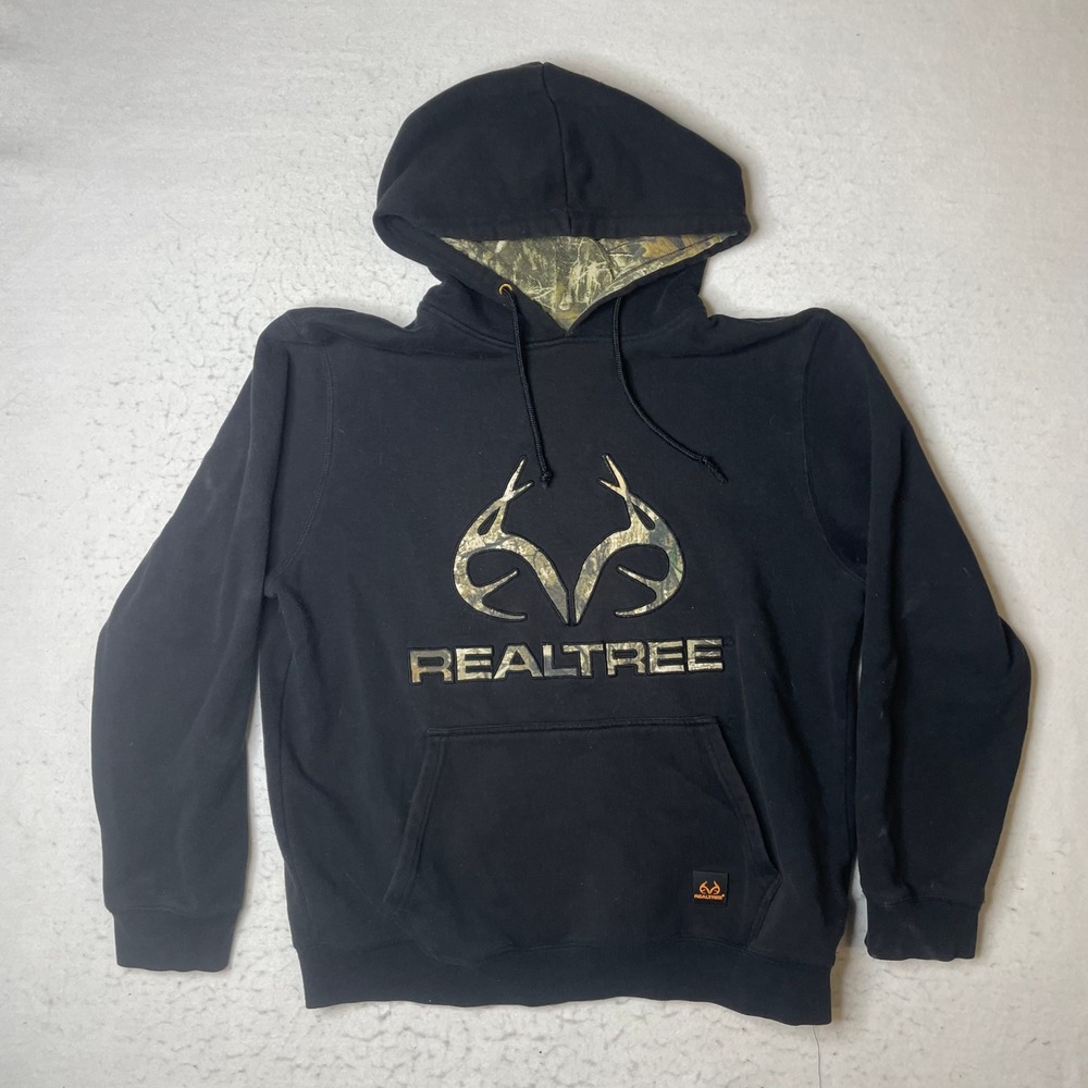Realtree Edge‎ Mens Large Black Camo Logo Pullover Hoodie Sweatshirt 1426513